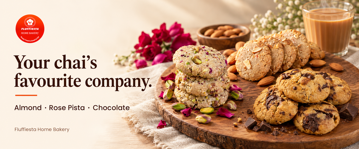 Fluffiesta banner: almond, rose pista and chocolate cookies on a wooden board with a cup of chai