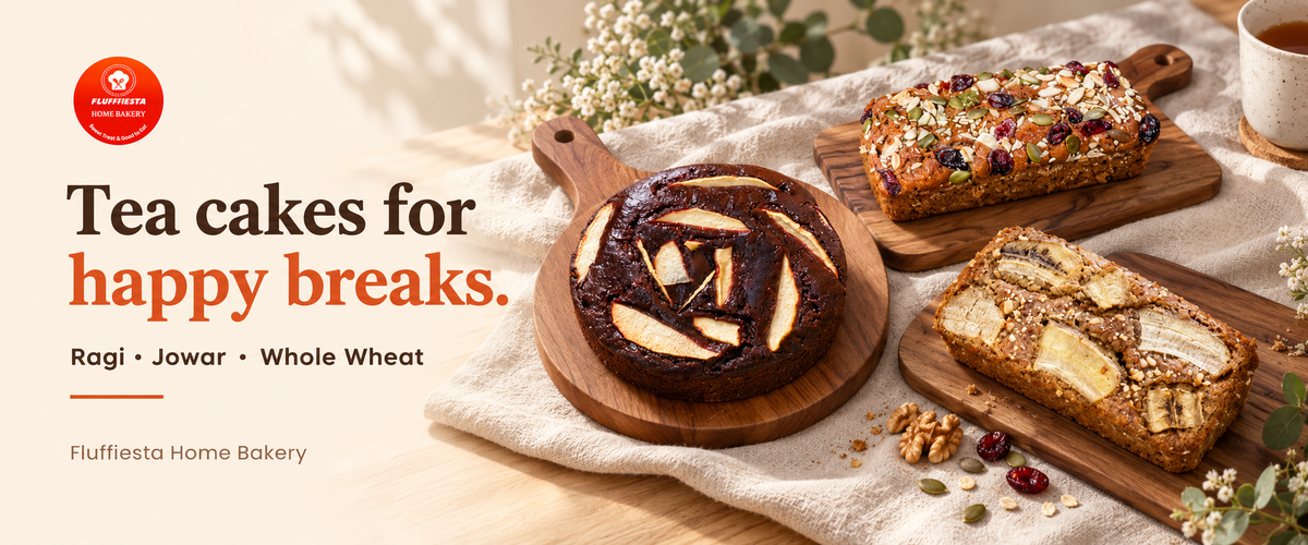 Fluffiesta banner: ragi, jowar and whole wheat tea cakes on wooden boards