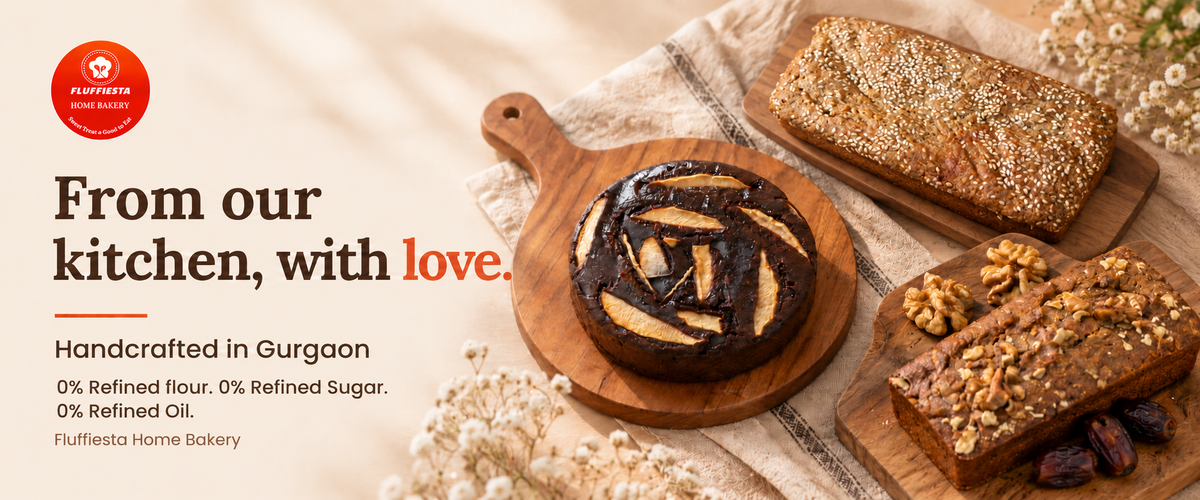 Fluffiesta banner: chocolate cake and whole grain loaves on wooden boards, handcrafted in Gurgaon
