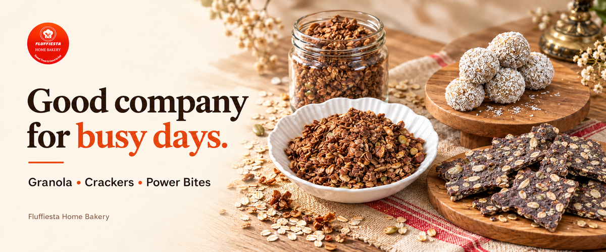 Fluffiesta banner: granola in a jar and bowl with power bites on a wooden board, good company for busy days