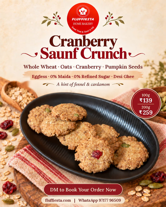Cranberry Saunf Crunch eggless whole wheat and oats cookies on a black plate, Fluffiesta Gurgaon