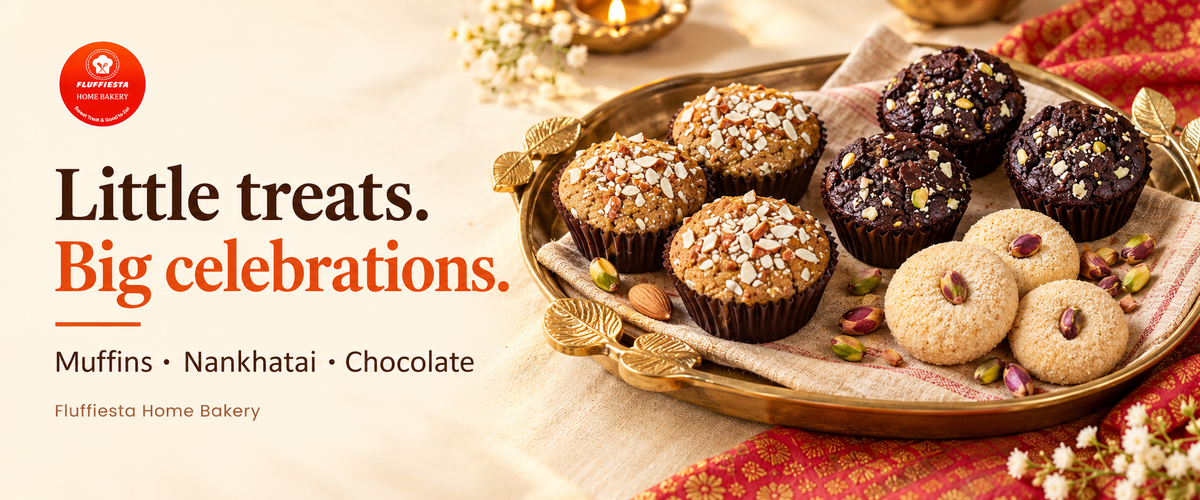 Fluffiesta banner: muffins and nankhatai on a brass tray, little treats for big celebrations